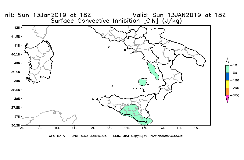 Mappa di analisi GFS - CIN [J/kg] in Sud-Italia
							del 13/01/2019 18 <!--googleoff: index-->UTC<!--googleon: index-->