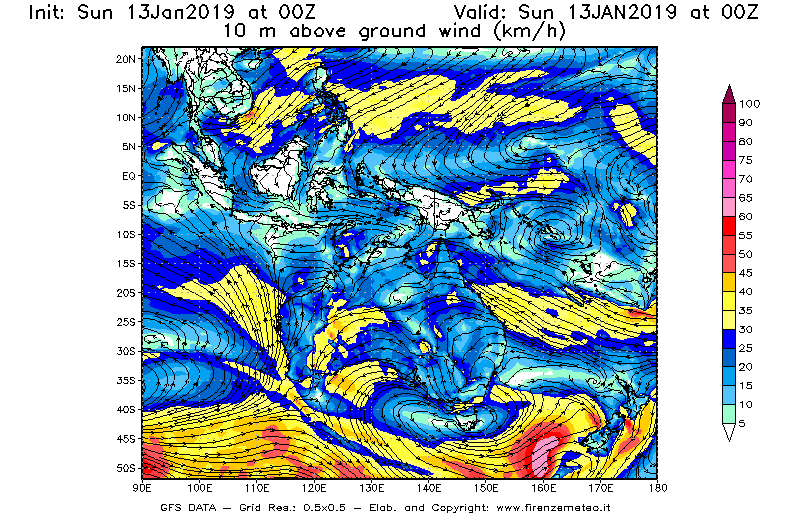 Mappa di analisi GFS - Velocità del vento a 10 metri dal suolo [km/h] in Oceania
									del 13/01/2019 00 <!--googleoff: index-->UTC<!--googleon: index-->