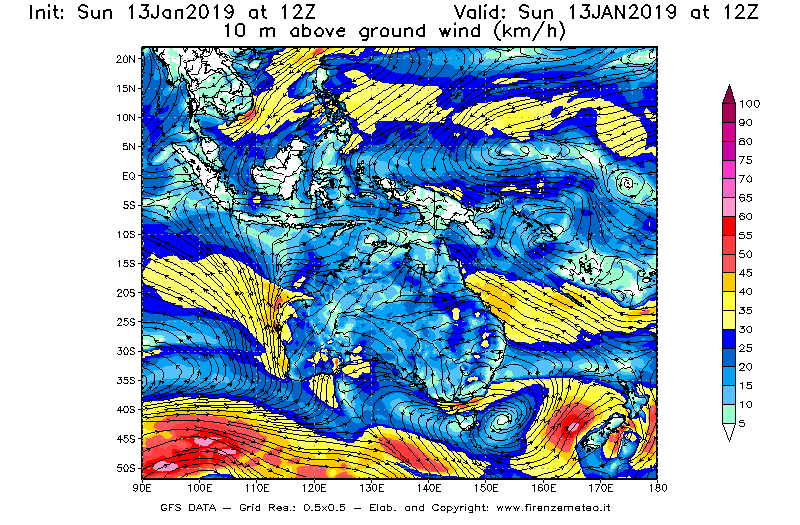 Mappa di analisi GFS - Velocità del vento a 10 metri dal suolo [km/h] in Oceania
							del 13/01/2019 12 <!--googleoff: index-->UTC<!--googleon: index-->