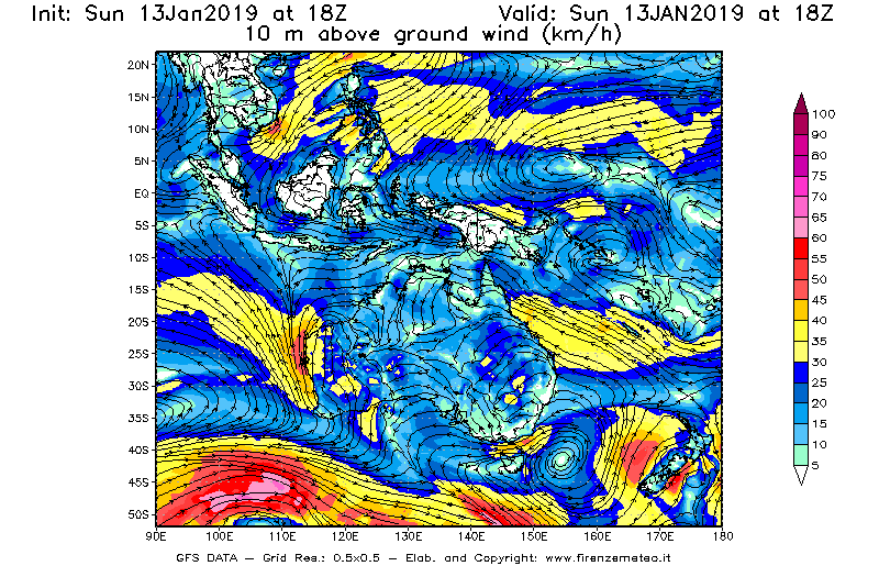 Mappa di analisi GFS - Velocità del vento a 10 metri dal suolo [km/h] in Oceania
							del 13/01/2019 18 <!--googleoff: index-->UTC<!--googleon: index-->
