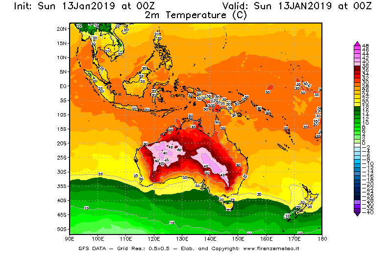 Mappa di analisi GFS - Temperatura a 2 metri dal suolo [°C] in Oceania
									del 13/01/2019 00 <!--googleoff: index-->UTC<!--googleon: index-->