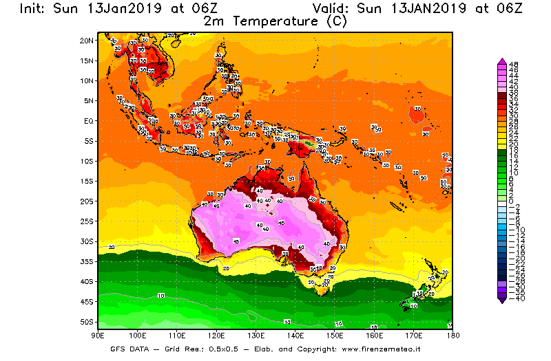 Mappa di analisi GFS - Temperatura a 2 metri dal suolo [°C] in Oceania
									del 13/01/2019 06 <!--googleoff: index-->UTC<!--googleon: index-->