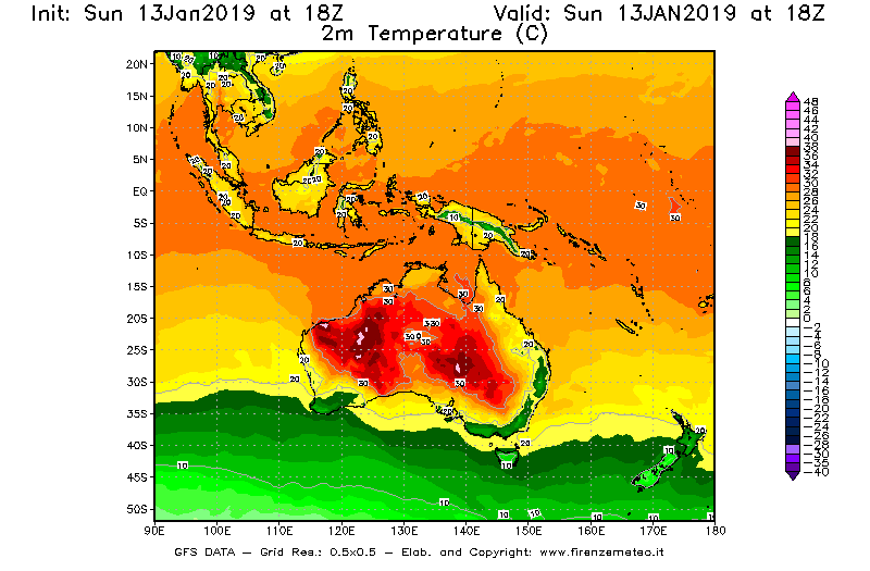 Mappa di analisi GFS - Temperatura a 2 metri dal suolo [°C] in Oceania
									del 13/01/2019 18 <!--googleoff: index-->UTC<!--googleon: index-->