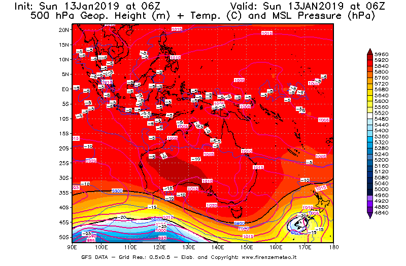 Mappa di analisi GFS - Geopotenziale [m] + Temp. [°C] a 500 hPa + Press. a livello del mare [hPa] in Oceania
							del 13/01/2019 06 <!--googleoff: index-->UTC<!--googleon: index-->