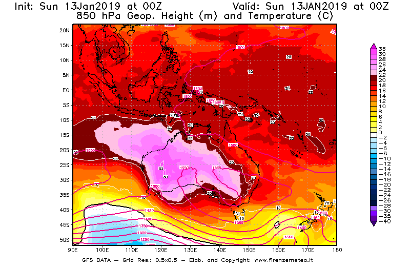 Mappa di analisi GFS - Geopotenziale [m] e Temperatura [°C] a 850 hPa in Oceania
							del 13/01/2019 00 <!--googleoff: index-->UTC<!--googleon: index-->