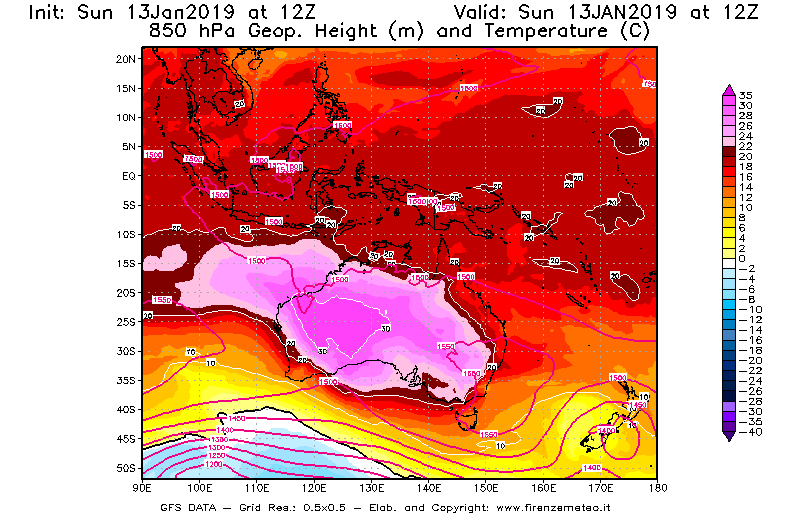 Mappa di analisi GFS - Geopotenziale [m] e Temperatura [°C] a 850 hPa in Oceania
							del 13/01/2019 12 <!--googleoff: index-->UTC<!--googleon: index-->