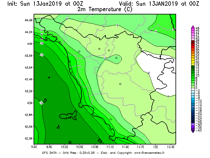 Mappa di analisi GFS - Temperatura a 2 metri dal suolo [°C] in Toscana
									del 13/01/2019 00 <!--googleoff: index-->UTC<!--googleon: index-->