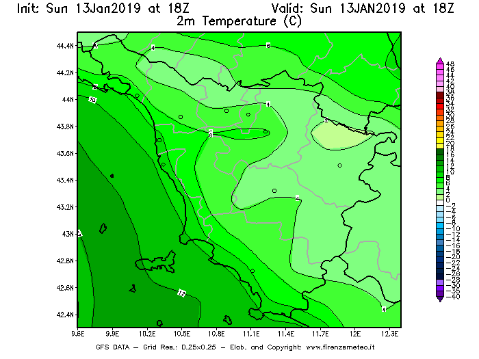 Mappa di analisi GFS - Temperatura a 2 metri dal suolo [°C] in Toscana
									del 13/01/2019 18 <!--googleoff: index-->UTC<!--googleon: index-->