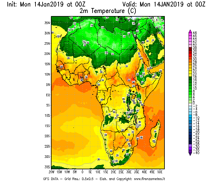 Mappa di analisi GFS - Temperatura a 2 metri dal suolo [°C] in Africa
							del 14/01/2019 00 <!--googleoff: index-->UTC<!--googleon: index-->