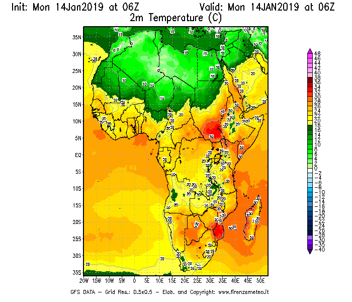 Mappa di analisi GFS - Temperatura a 2 metri dal suolo [°C] in Africa
							del 14/01/2019 06 <!--googleoff: index-->UTC<!--googleon: index-->