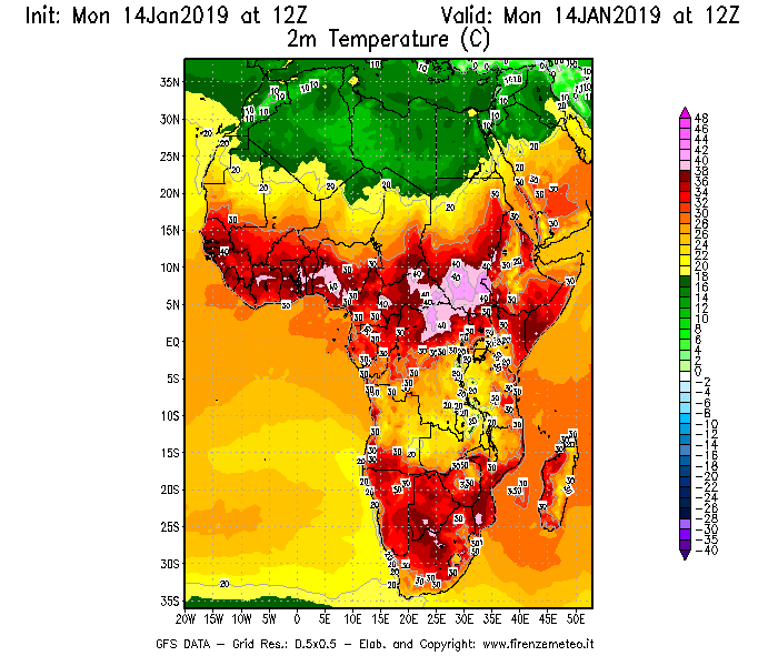 Mappa di analisi GFS - Temperatura a 2 metri dal suolo [°C] in Africa
									del 14/01/2019 12 <!--googleoff: index-->UTC<!--googleon: index-->