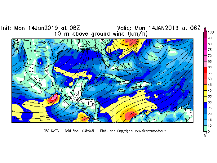 Mappa di analisi GFS - Velocità del vento a 10 metri dal suolo [km/h] in Centro-America
							del 14/01/2019 06 <!--googleoff: index-->UTC<!--googleon: index-->