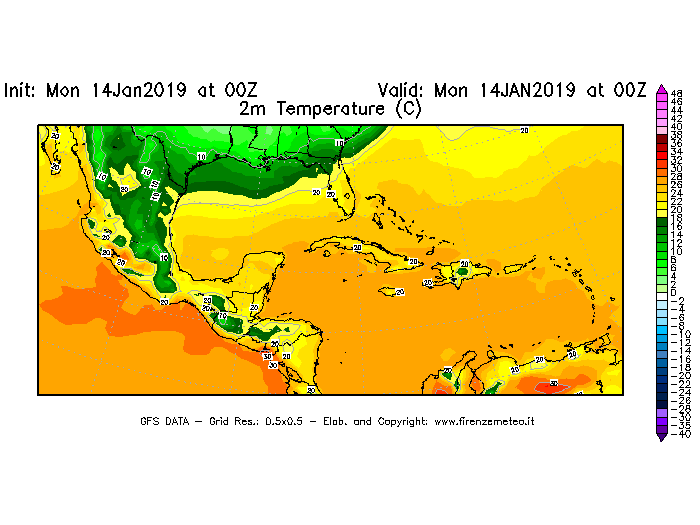 Mappa di analisi GFS - Temperatura a 2 metri dal suolo [°C] in Centro-America
									del 14/01/2019 00 <!--googleoff: index-->UTC<!--googleon: index-->