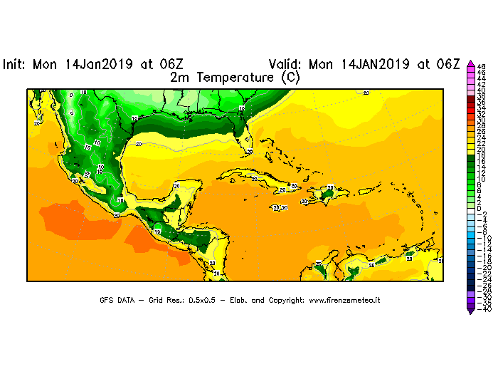 Mappa di analisi GFS - Temperatura a 2 metri dal suolo [°C] in Centro-America
									del 14/01/2019 06 <!--googleoff: index-->UTC<!--googleon: index-->