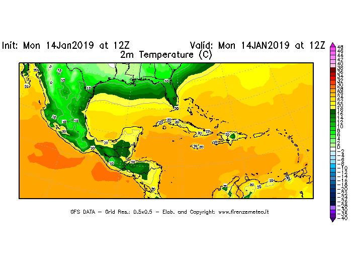 Mappa di analisi GFS - Temperatura a 2 metri dal suolo [°C] in Centro-America
							del 14/01/2019 12 <!--googleoff: index-->UTC<!--googleon: index-->