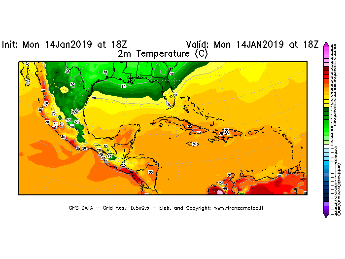 Mappa di analisi GFS - Temperatura a 2 metri dal suolo [°C] in Centro-America
							del 14/01/2019 18 <!--googleoff: index-->UTC<!--googleon: index-->