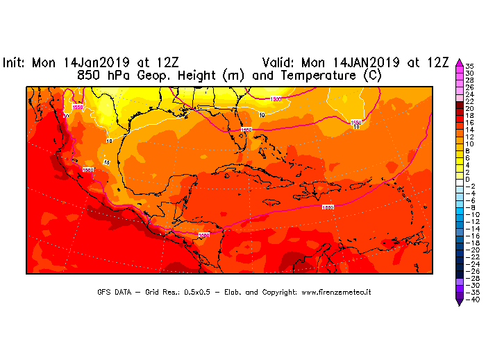 Mappa di analisi GFS - Geopotenziale [m] e Temperatura [°C] a 850 hPa in Centro-America
							del 14/01/2019 12 <!--googleoff: index-->UTC<!--googleon: index-->
