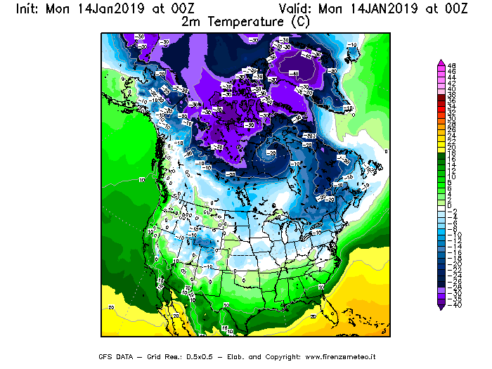 Mappa di analisi GFS - Temperatura a 2 metri dal suolo [°C] in Nord-America
							del 14/01/2019 00 <!--googleoff: index-->UTC<!--googleon: index-->