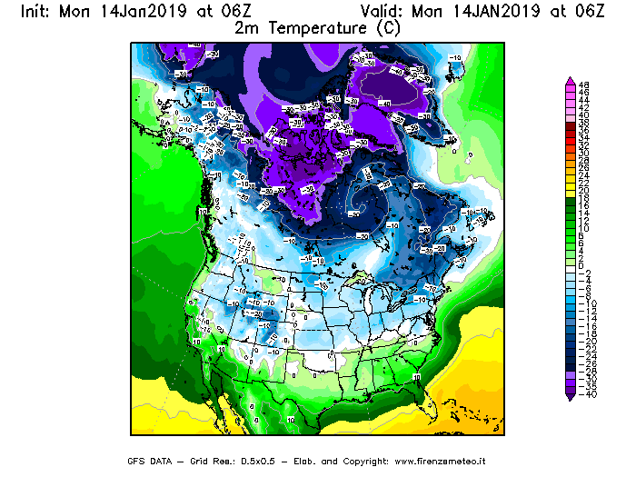 Mappa di analisi GFS - Temperatura a 2 metri dal suolo [°C] in Nord-America
							del 14/01/2019 06 <!--googleoff: index-->UTC<!--googleon: index-->
