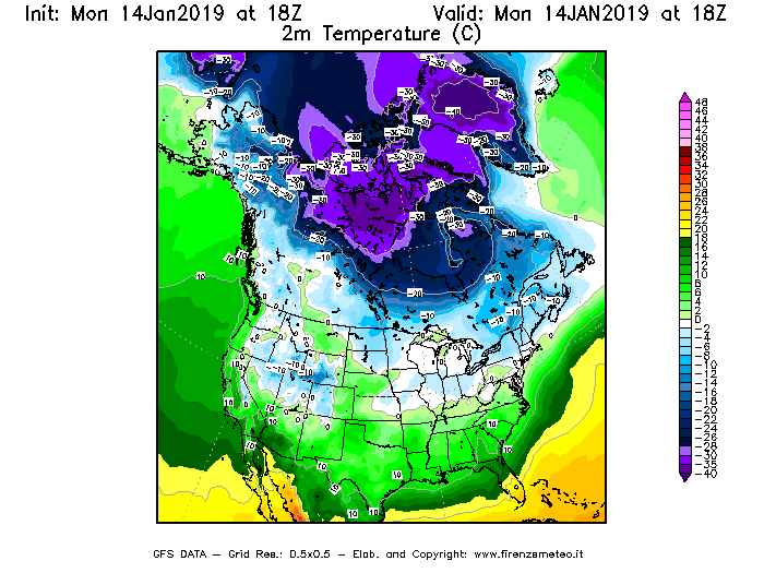 Mappa di analisi GFS - Temperatura a 2 metri dal suolo [°C] in Nord-America
							del 14/01/2019 18 <!--googleoff: index-->UTC<!--googleon: index-->