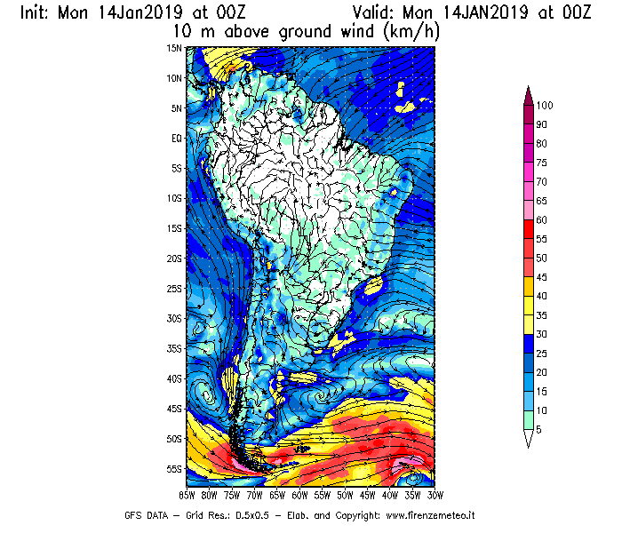 Mappa di analisi GFS - Velocità del vento a 10 metri dal suolo [km/h] in Sud-America
									del 14/01/2019 00 <!--googleoff: index-->UTC<!--googleon: index-->