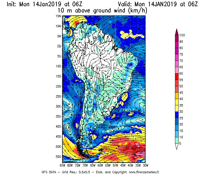 Mappa di analisi GFS - Velocità del vento a 10 metri dal suolo [km/h] in Sud-America
							del 14/01/2019 06 <!--googleoff: index-->UTC<!--googleon: index-->