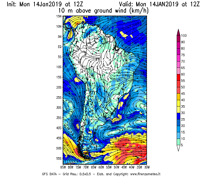 Mappa di analisi GFS - Velocità del vento a 10 metri dal suolo [km/h] in Sud-America
									del 14/01/2019 12 <!--googleoff: index-->UTC<!--googleon: index-->