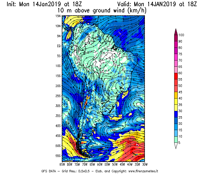 Mappa di analisi GFS - Velocità del vento a 10 metri dal suolo [km/h] in Sud-America
									del 14/01/2019 18 <!--googleoff: index-->UTC<!--googleon: index-->