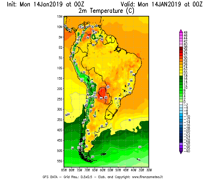 Mappa di analisi GFS - Temperatura a 2 metri dal suolo [°C] in Sud-America
									del 14/01/2019 00 <!--googleoff: index-->UTC<!--googleon: index-->