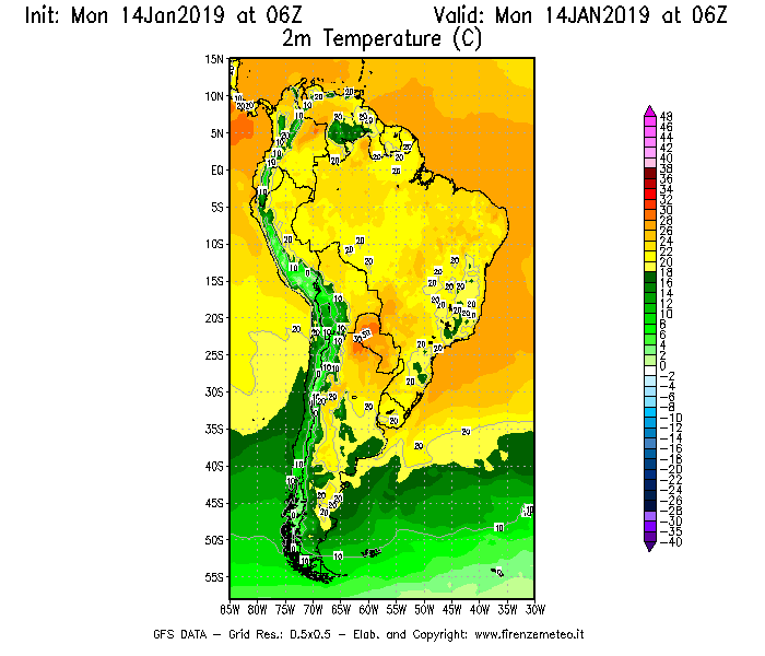 Mappa di analisi GFS - Temperatura a 2 metri dal suolo [°C] in Sud-America
							del 14/01/2019 06 <!--googleoff: index-->UTC<!--googleon: index-->
