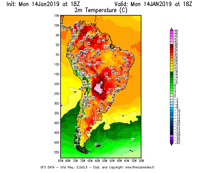 Mappa di analisi GFS - Temperatura a 2 metri dal suolo [°C] in Sud-America
							del 14/01/2019 18 <!--googleoff: index-->UTC<!--googleon: index-->