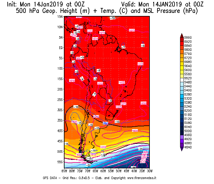 Mappa di analisi GFS - Geopotenziale [m] + Temp. [°C] a 500 hPa + Press. a livello del mare [hPa] in Sud-America
									del 14/01/2019 00 <!--googleoff: index-->UTC<!--googleon: index-->