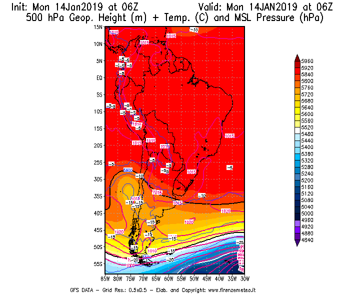 Mappa di analisi GFS - Geopotenziale [m] + Temp. [°C] a 500 hPa + Press. a livello del mare [hPa] in Sud-America
									del 14/01/2019 06 <!--googleoff: index-->UTC<!--googleon: index-->