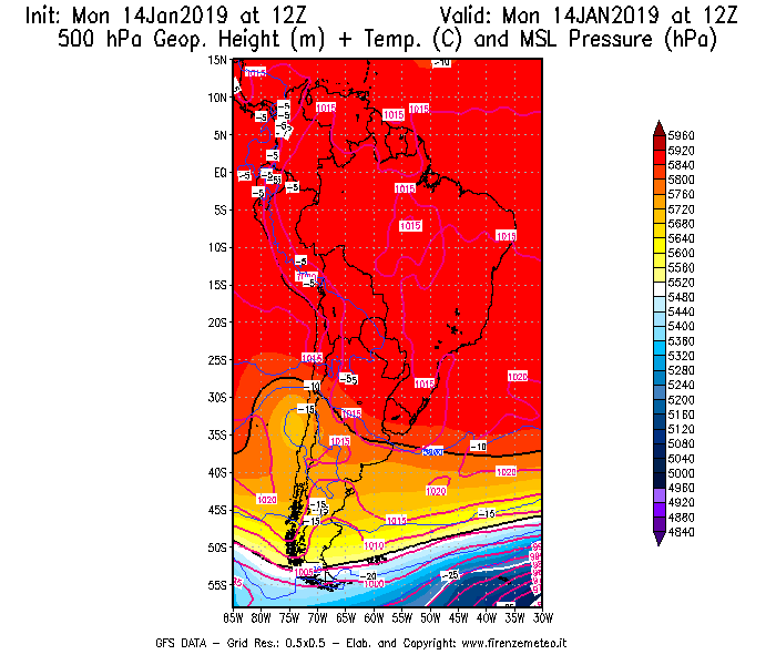 Mappa di analisi GFS - Geopotenziale [m] + Temp. [°C] a 500 hPa + Press. a livello del mare [hPa] in Sud-America
									del 14/01/2019 12 <!--googleoff: index-->UTC<!--googleon: index-->