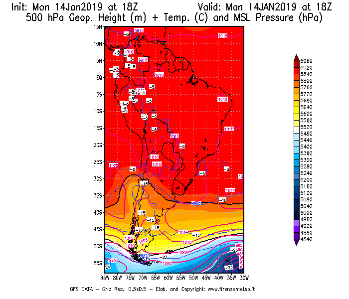 Mappa di analisi GFS - Geopotenziale [m] + Temp. [°C] a 500 hPa + Press. a livello del mare [hPa] in Sud-America
							del 14/01/2019 18 <!--googleoff: index-->UTC<!--googleon: index-->