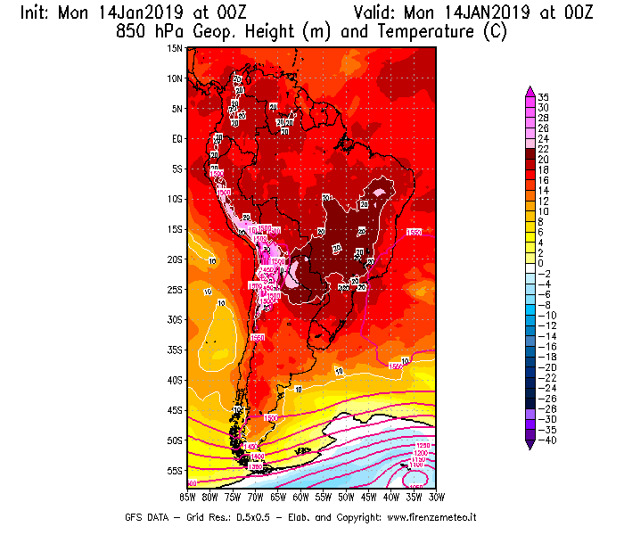 Mappa di analisi GFS - Geopotenziale [m] e Temperatura [°C] a 850 hPa in Sud-America
							del 14/01/2019 00 <!--googleoff: index-->UTC<!--googleon: index-->