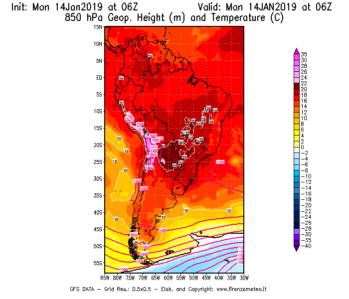 Mappa di analisi GFS - Geopotenziale [m] e Temperatura [°C] a 850 hPa in Sud-America
									del 14/01/2019 06 <!--googleoff: index-->UTC<!--googleon: index-->