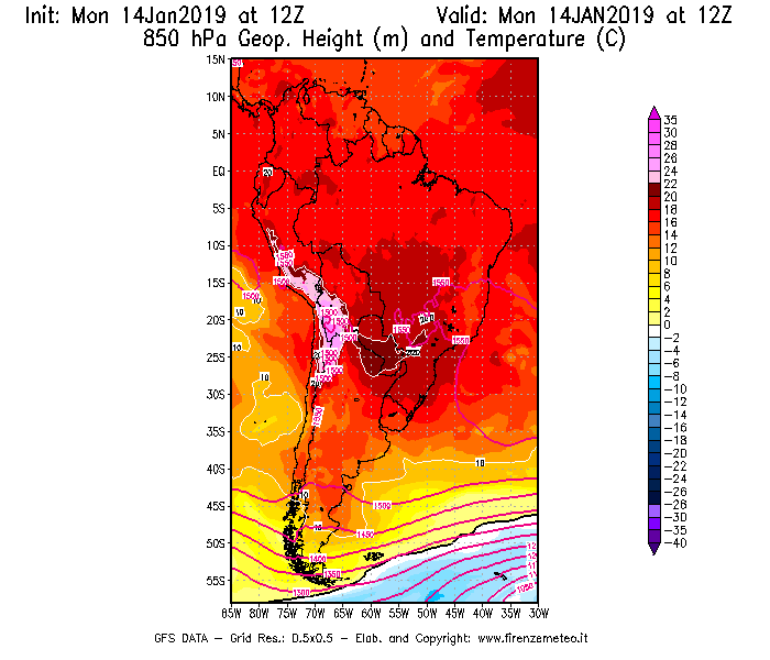 Mappa di analisi GFS - Geopotenziale [m] e Temperatura [°C] a 850 hPa in Sud-America
									del 14/01/2019 12 <!--googleoff: index-->UTC<!--googleon: index-->