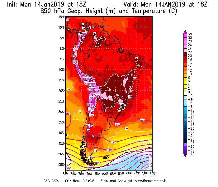 Mappa di analisi GFS - Geopotenziale [m] e Temperatura [°C] a 850 hPa in Sud-America
									del 14/01/2019 18 <!--googleoff: index-->UTC<!--googleon: index-->