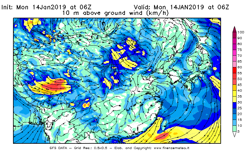 Mappa di analisi GFS - Velocità del vento a 10 metri dal suolo [km/h] in Asia Orientale
									del 14/01/2019 06 <!--googleoff: index-->UTC<!--googleon: index-->