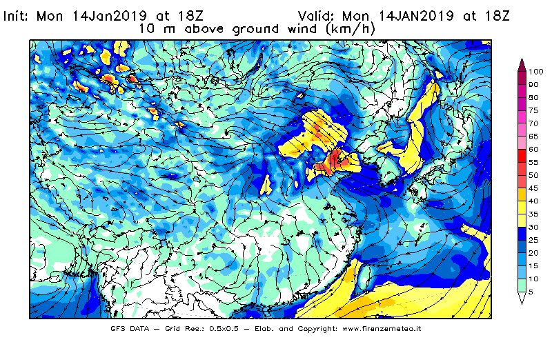 Mappa di analisi GFS - Velocità del vento a 10 metri dal suolo [km/h] in Asia Orientale
							del 14/01/2019 18 <!--googleoff: index-->UTC<!--googleon: index-->