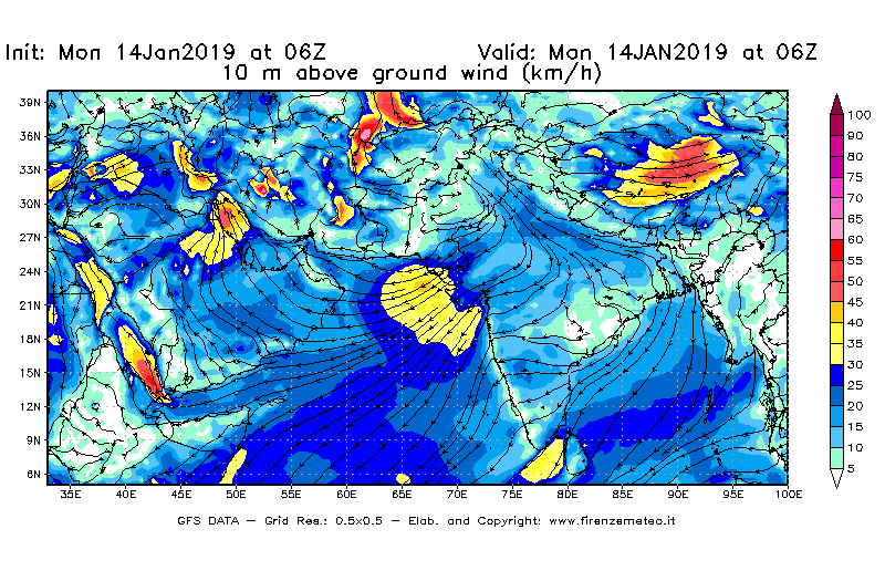 Mappa di analisi GFS - Velocità del vento a 10 metri dal suolo [km/h] in Asia Sud-Occidentale
							del 14/01/2019 06 <!--googleoff: index-->UTC<!--googleon: index-->