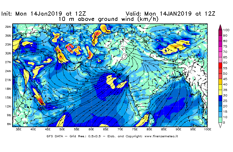 Mappa di analisi GFS - Velocità del vento a 10 metri dal suolo [km/h] in Asia Sud-Occidentale
							del 14/01/2019 12 <!--googleoff: index-->UTC<!--googleon: index-->
