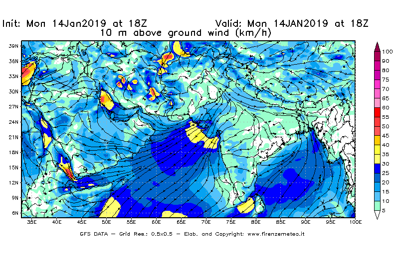Mappa di analisi GFS - Velocità del vento a 10 metri dal suolo [km/h] in Asia Sud-Occidentale
							del 14/01/2019 18 <!--googleoff: index-->UTC<!--googleon: index-->