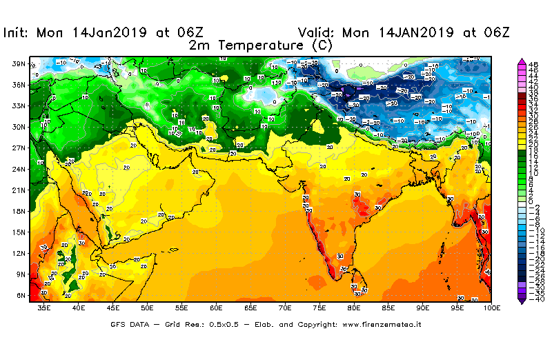 Mappa di analisi GFS - Temperatura a 2 metri dal suolo [°C] in Asia Sud-Occidentale
							del 14/01/2019 06 <!--googleoff: index-->UTC<!--googleon: index-->