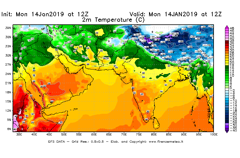 Mappa di analisi GFS - Temperatura a 2 metri dal suolo [°C] in Asia Sud-Occidentale
									del 14/01/2019 12 <!--googleoff: index-->UTC<!--googleon: index-->
