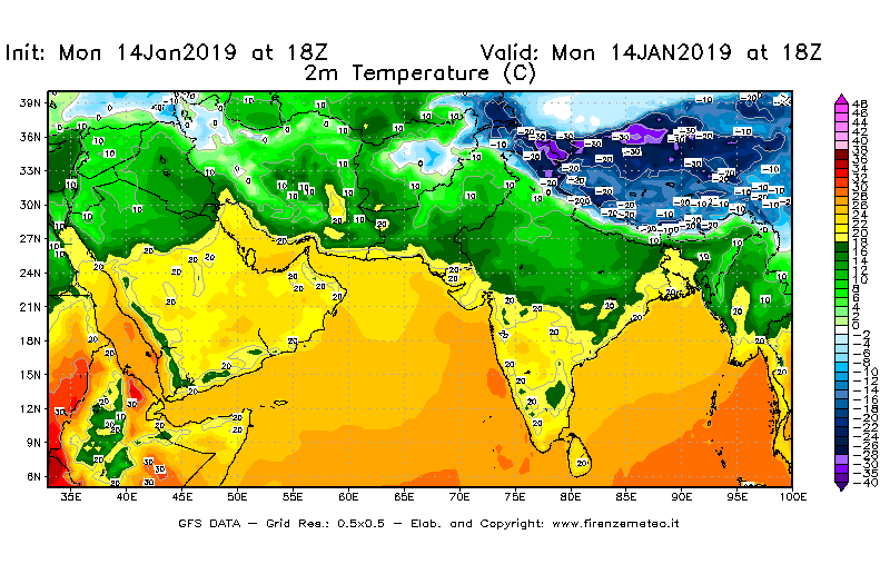 Mappa di analisi GFS - Temperatura a 2 metri dal suolo [°C] in Asia Sud-Occidentale
							del 14/01/2019 18 <!--googleoff: index-->UTC<!--googleon: index-->