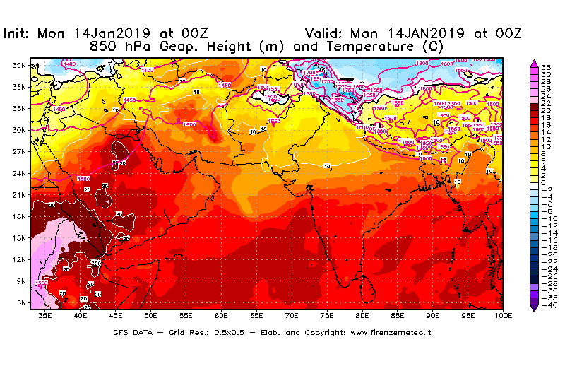 Mappa di analisi GFS - Geopotenziale [m] e Temperatura [°C] a 850 hPa in Asia Sud-Occidentale
							del 14/01/2019 00 <!--googleoff: index-->UTC<!--googleon: index-->