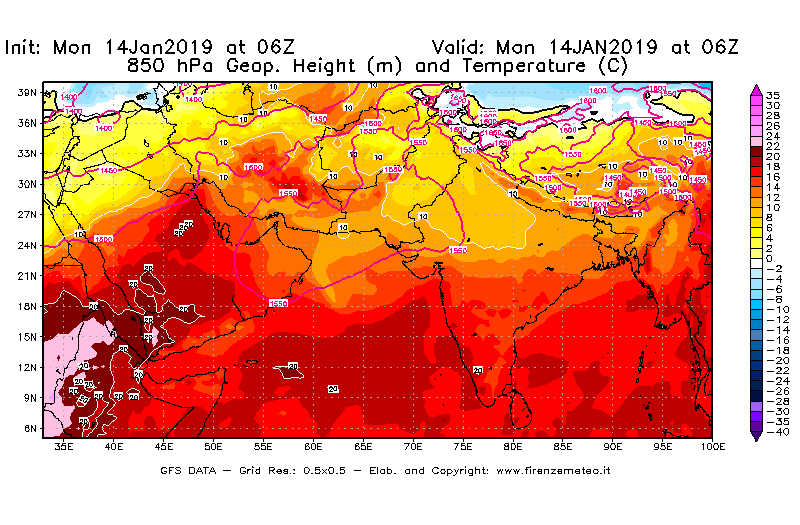 Mappa di analisi GFS - Geopotenziale [m] e Temperatura [°C] a 850 hPa in Asia Sud-Occidentale
									del 14/01/2019 06 <!--googleoff: index-->UTC<!--googleon: index-->