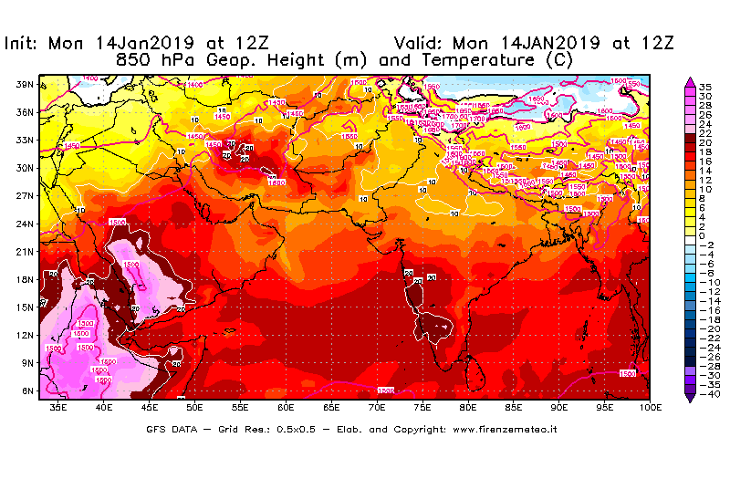 Mappa di analisi GFS - Geopotenziale [m] e Temperatura [°C] a 850 hPa in Asia Sud-Occidentale
							del 14/01/2019 12 <!--googleoff: index-->UTC<!--googleon: index-->